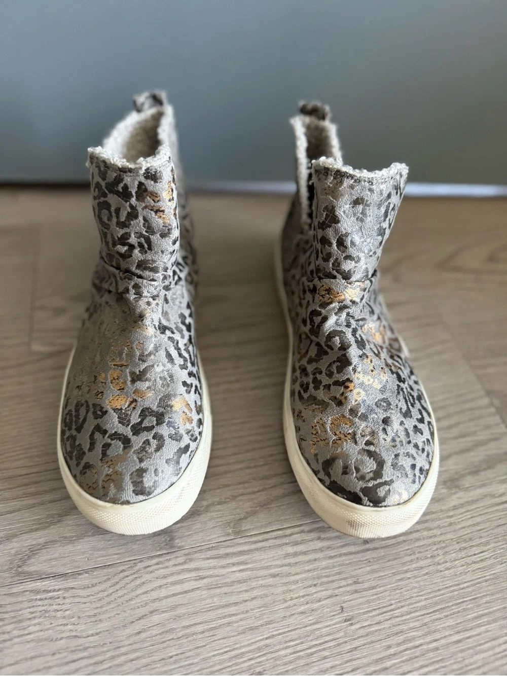 Leopard Print High-Top Slip-On Sneakers in Sage and Gold